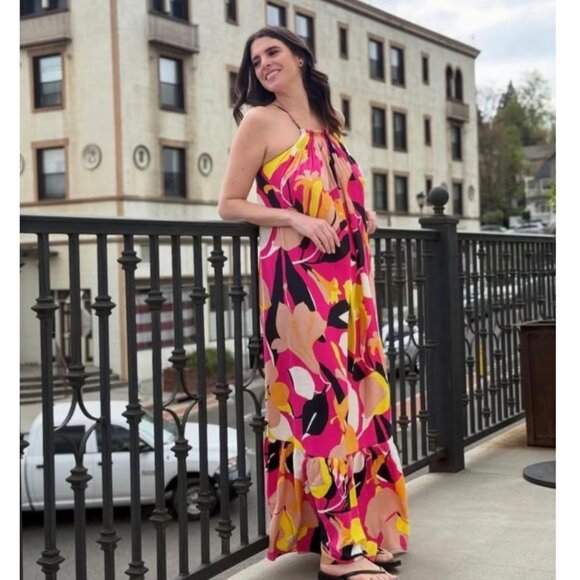 TED BAKER Maxi Dress Ikella Strappy Back Hater Floral Linen Pleated Resortwear 0 - Picture 1 of 16